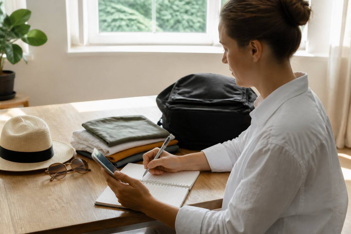 Checklist op tafel met notitieboek en smartphone voor het regelen van een vakantie