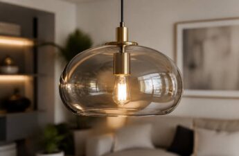 Glazen hanglamp met warm diffuus licht in een moderne woonruimte