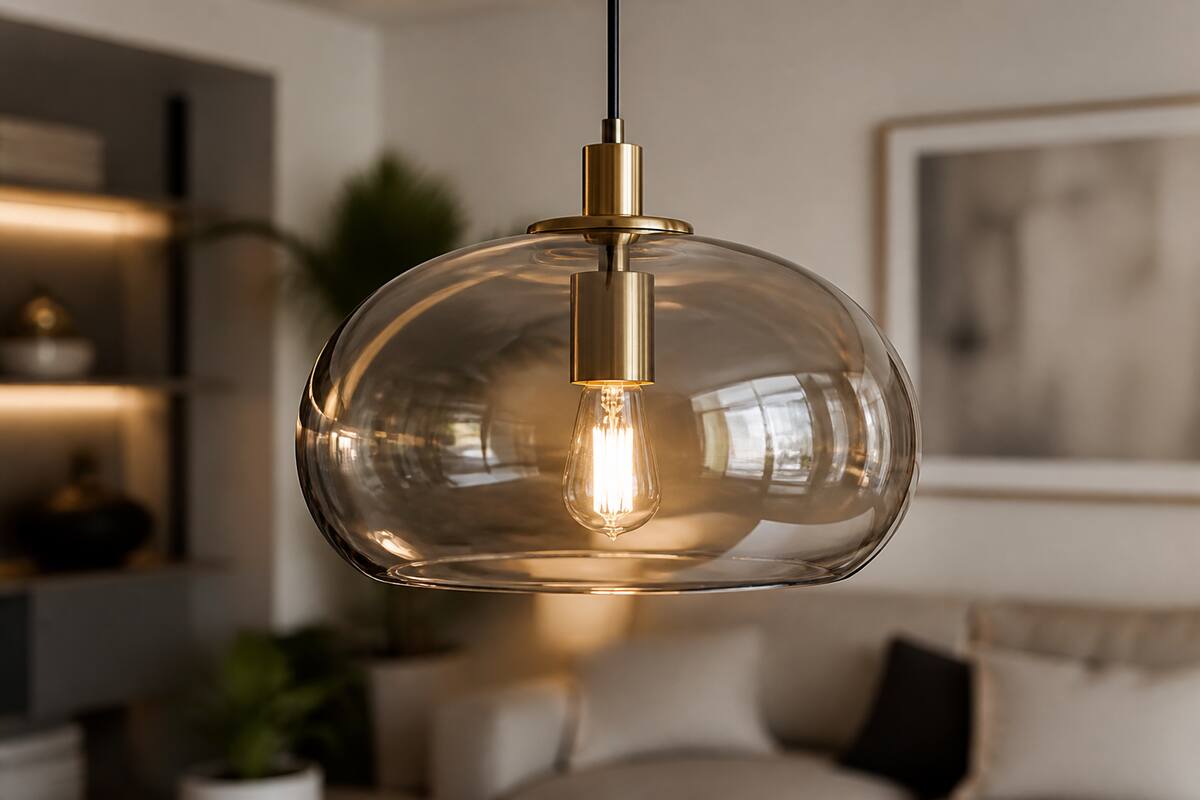 Glazen hanglamp met warm diffuus licht in een moderne woonruimte