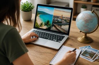 Checklist en laptop met reisopties op tafel tijdens het vergelijken van vakanties