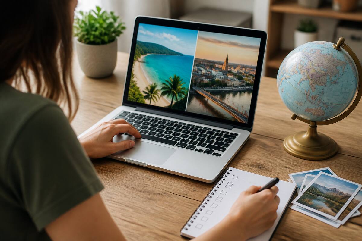 Checklist en laptop met reisopties op tafel tijdens het vergelijken van vakanties