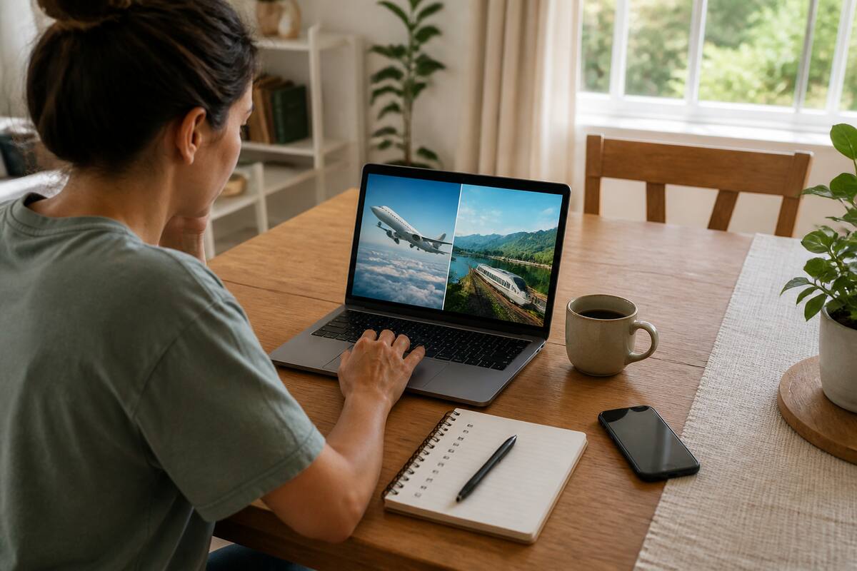Checklist voor het vergelijken van reizen en vakanties op tafel met laptop en notitieboekje