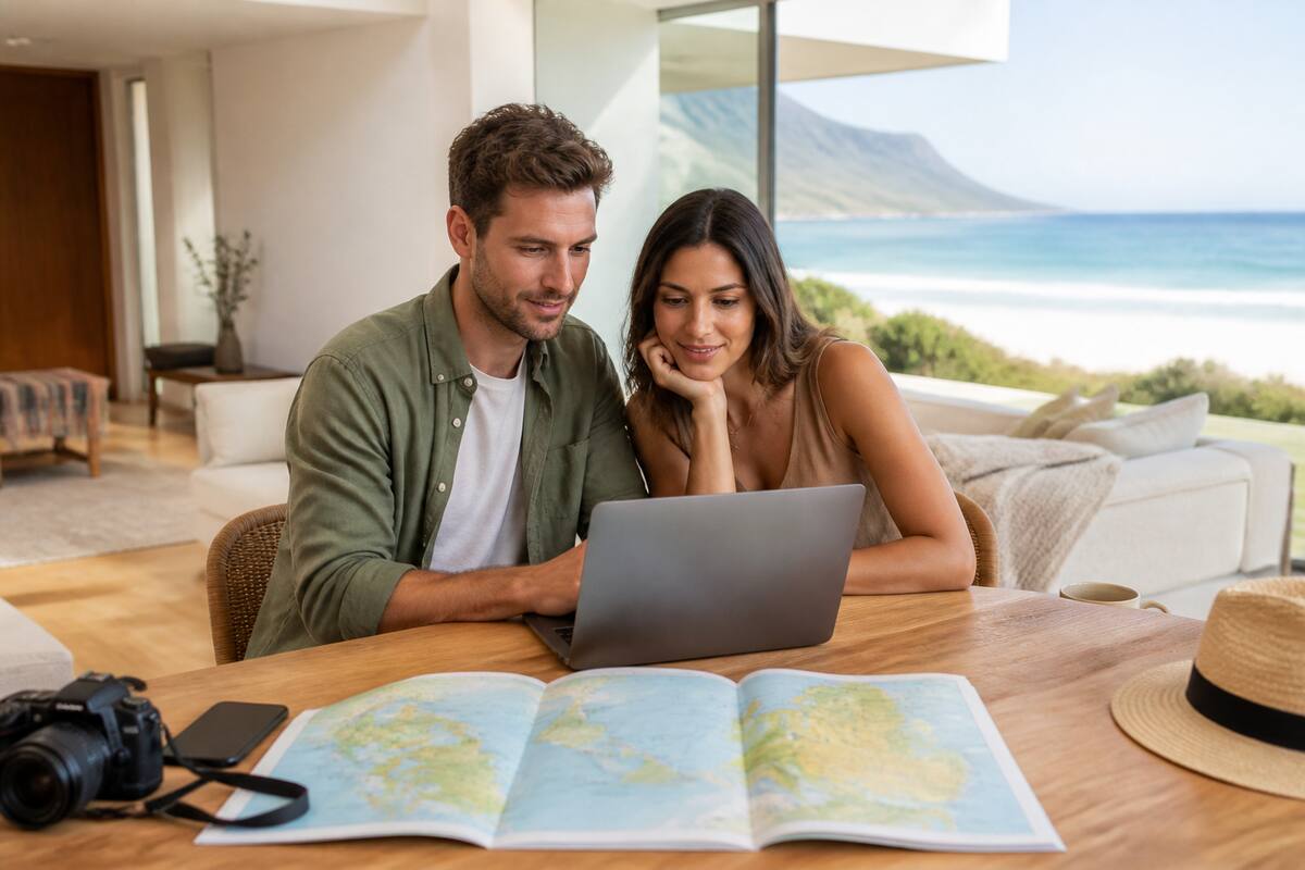 Stel die op een laptop vakantieopties vergelijkt voor hun volgende reis