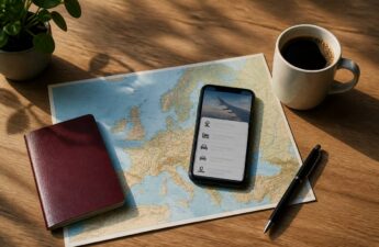 Checklist op een bureau met paspoort en reisdocumenten voordat je een vakantie boekt