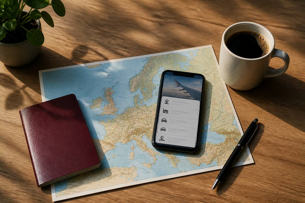 Checklist op een bureau met paspoort en reisdocumenten voordat je een vakantie boekt
