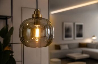 Realistische glazen hanglamp in een moderne woonkamer met warm interieurlicht