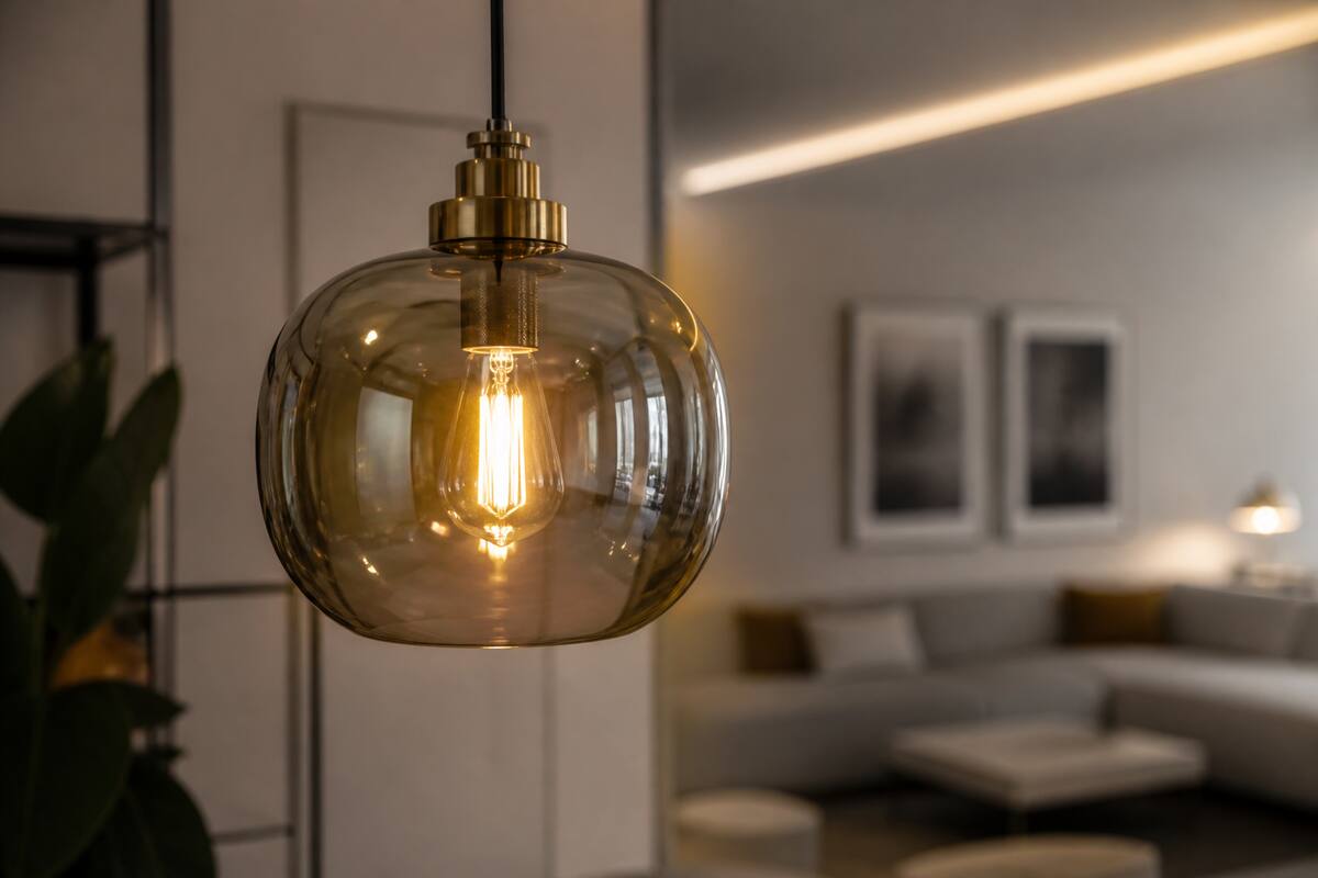 Realistische glazen hanglamp in een moderne woonkamer met warm interieurlicht
