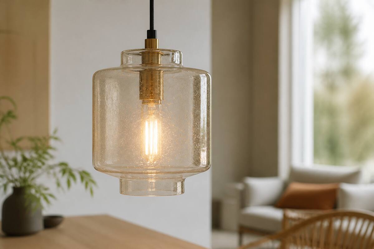 Realisme foto van een glazen hanglamp met warm licht in een woonruimte