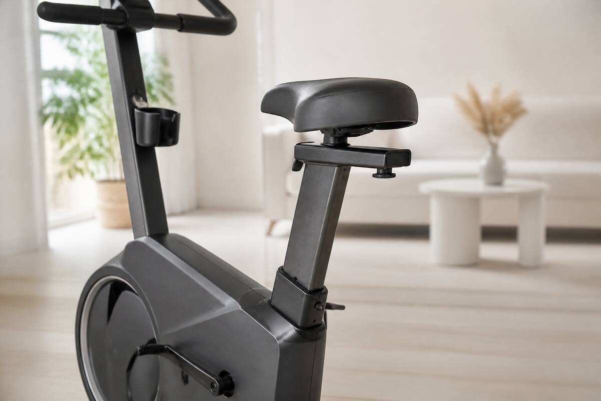Hometrainer in een lichte woonkamer, realistische productfoto zonder tekst