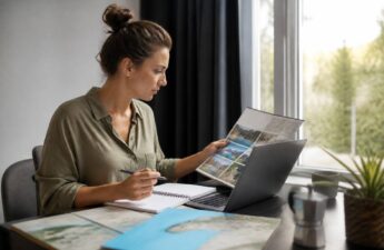Iemand vergelijkt reis- en vakantieopties op een laptop aan de eettafel