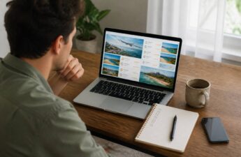 Iemand vergelijkt vakantiedeals op een laptop met een papieren checklist bij daglicht