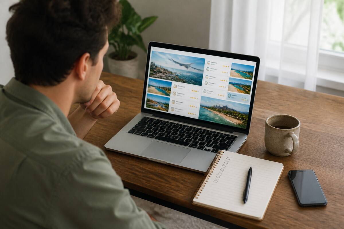Iemand vergelijkt vakantiedeals op een laptop met een papieren checklist bij daglicht